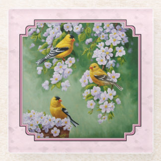 Goldfinch Birds & Flowers Pink Glass Coaster