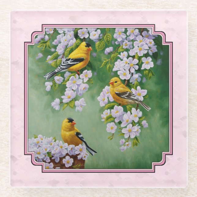 Goldfinch Birds & Flowers Pink Glass Coaster (Front)