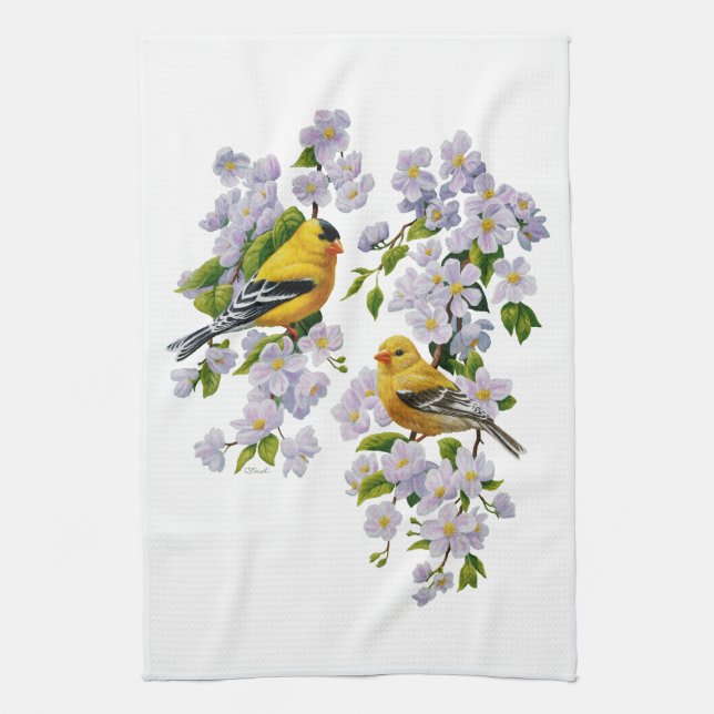 Goldfinch Birds & Flowers U-Pick Background Color Kitchen Towel (Vertical)