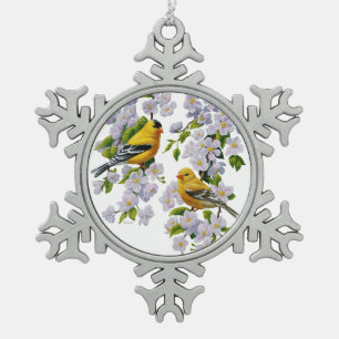 Goldfinch Birds & Flowers U-Pick Background Color Snowflake Pewter Christmas Ornament
