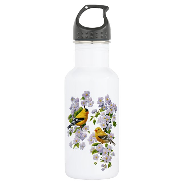 Goldfinch Birds & Flowers U-Pick Background Color Water Bottle (Front)