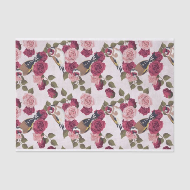 Goldfinch Birds Perched on Pink Roses Pattern Tissue Paper (Front)