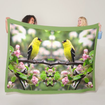 Goldfinch Birds with Pink Flowers Fleece Blanket