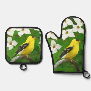 Goldfinch in Dogwood Blossoms Original Bird Art Oven Mitt & Pot Holder Set