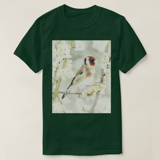 Goldfinch in White Blossom Graphic T-Shirt (Design Front)