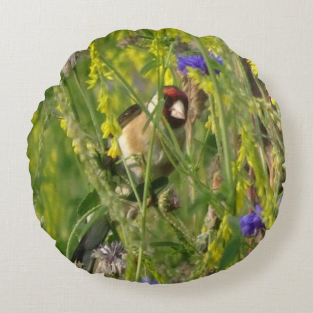 Goldfinch in Wild Flowers Field Kids Throw Pillow (Front)