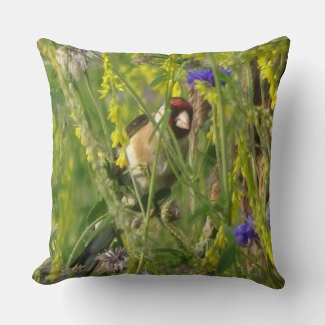 Goldfinch in Wild Flowers Field Throw Pillow (Front)