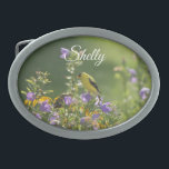 Goldfinch on a Harebell Flower    Belt Buckle<br><div class="desc">Beauty and tranquility found in moments of stillness. While gazing at my garden I was greeted by a male and female Goldfinch. I grabbed my camera, and a one-of-a-kind scene was captured forever. This photo is loved by my husband who printed it out and framed it years ago. He encouraged...</div>