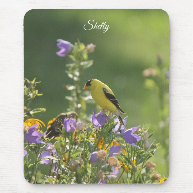 Goldfinch on a Harebell Flower Mouse Pad (Front)