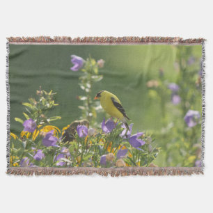 Goldfinch on a Harebell Flower Throw Blanket