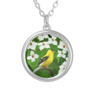 Goldfinch Painting - Cute Original Dog Art Silver Plated Necklace