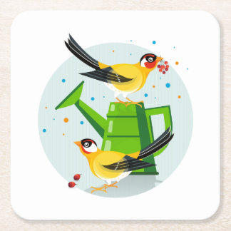 Goldfinch pair sitting gathering berries square paper coaster