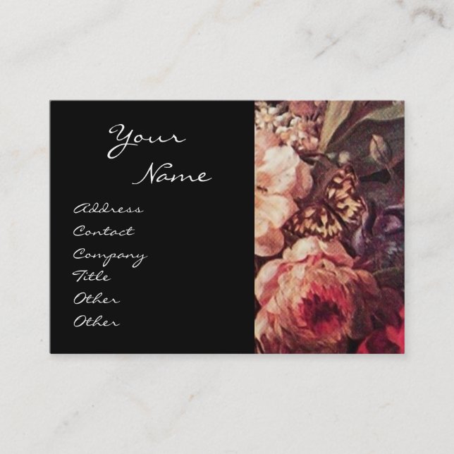 GOLDFINCH,PINK ROSES AND BUTTERFLY BUSINESS CARD (Front)
