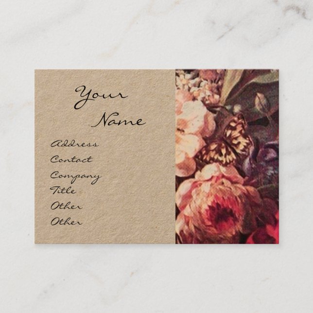 GOLDFINCH,PINK ROSES AND BUTTERFLY Kraft Paper Business Card (Front)