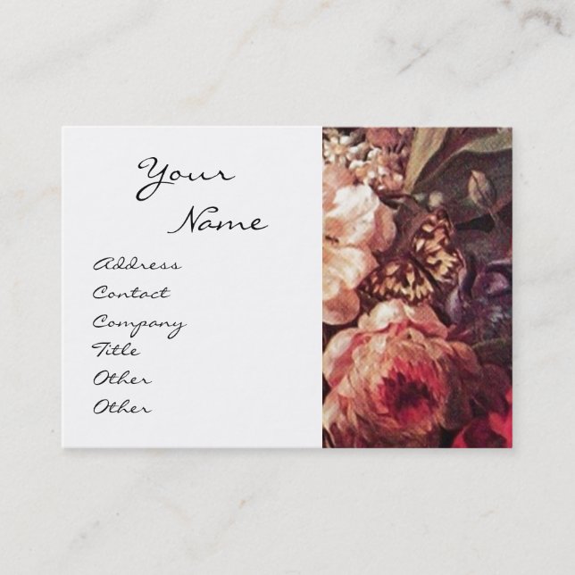 GOLDFINCH,PINK ROSES,BUTTERFLY Floral Red White Business Card (Front)