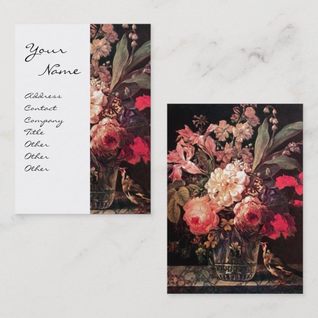 GOLDFINCH, PINK ROSES ,BUTTERFLY  Floral Red White Business Card (Front/Back)