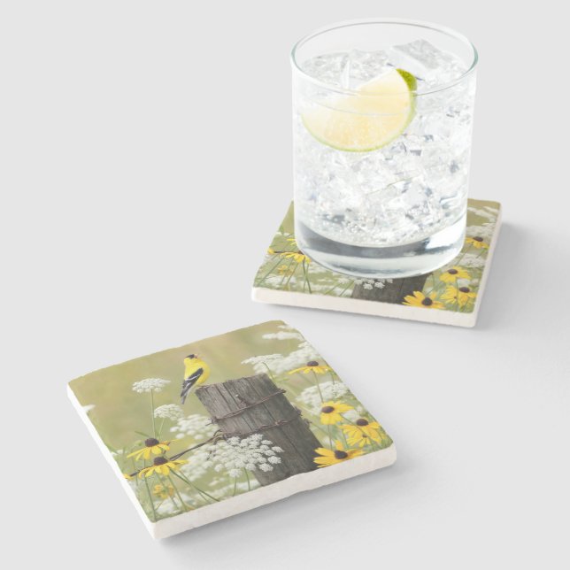 Goldfinch Singing on a Fence Post Stone Coaster (Side)