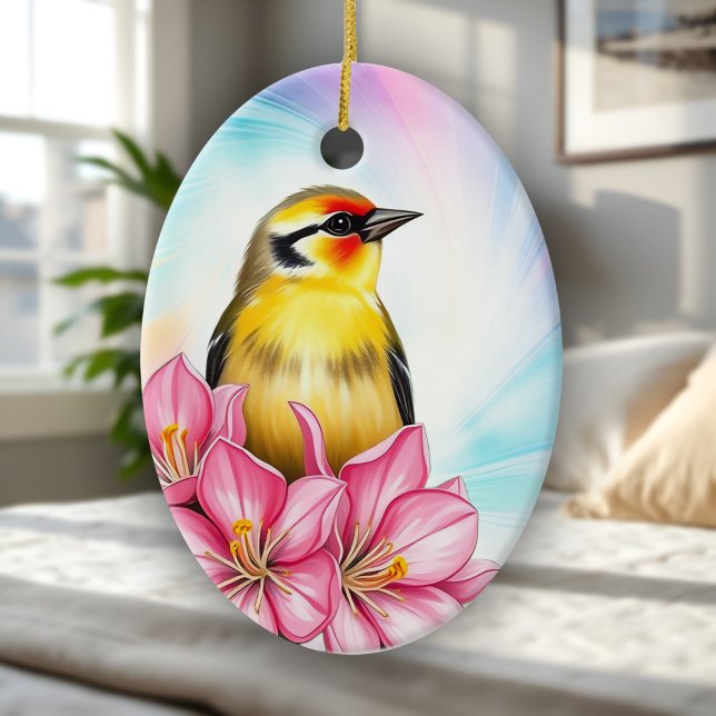 Goldfinch Washington State Bird With Pink Azaleas Ceramic Ornament (Ornament of a Goldfinch perched among pink azalea flowers, a Spring songbird memento for bird lovers)