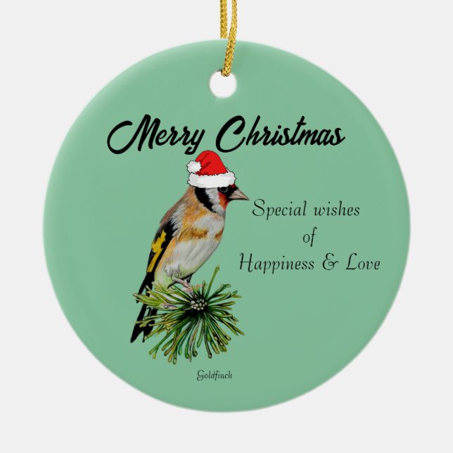 Goldfinch wearing a Santa Hat   Ceramic Ornament (Front)