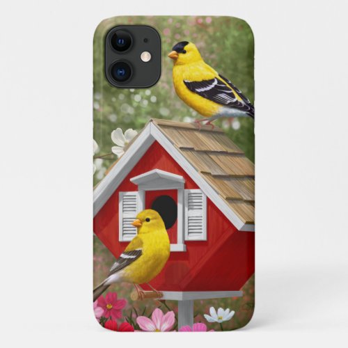 Goldfinches and Cute Cottage Birdhouse iPhone 11 Case