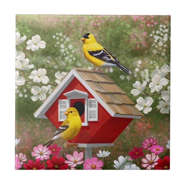 Goldfinches and Cute Cottage Birdhouse Ceramic Tile (Front)