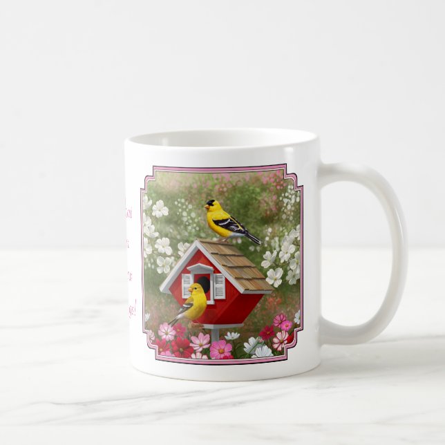 Goldfinches and Cute Cottage Birdhouse Coffee Mug (Right)