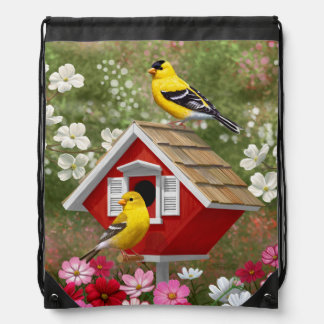Goldfinches and Cute Cottage Birdhouse Drawstring Bag