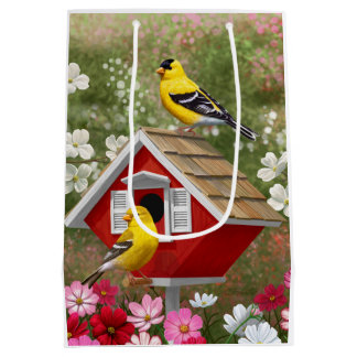 Goldfinches and Cute Cottage Birdhouse Medium Gift Bag