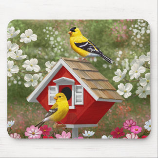 Goldfinches and Cute Cottage Birdhouse Mouse Pad