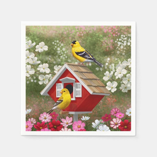 Goldfinches and Cute Cottage Birdhouse Napkins (Front)