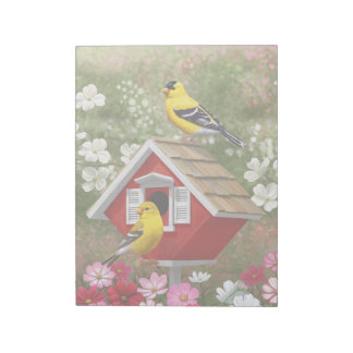 Goldfinches and Cute Cottage Birdhouse Notepad