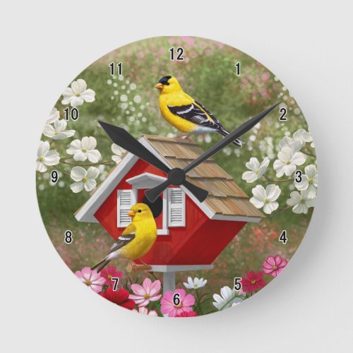 Goldfinches and Cute Cottage Birdhouse Round Clock