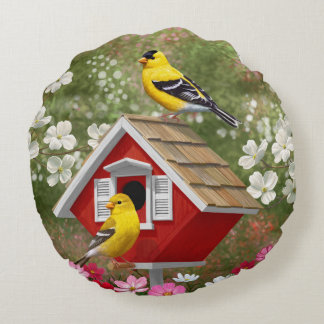 Goldfinches and Cute Cottage Birdhouse Round Pillow