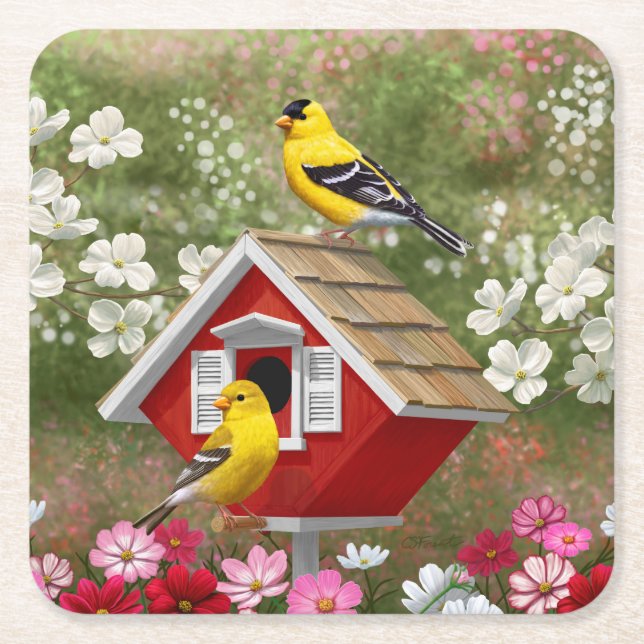 Goldfinches and Cute Cottage Birdhouse Square Paper Coaster (Front)