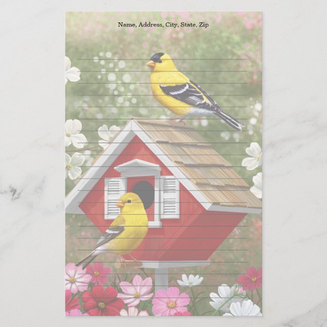 Goldfinches and Cute Cottage Birdhouse Stationery (Front)
