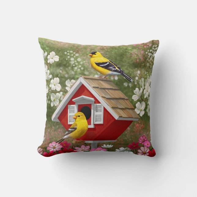 Goldfinches and Cute Cottage Birdhouse Throw Pillow (Front)