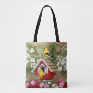 Goldfinches and Cute Cottage Birdhouse Tote Bag