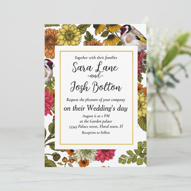 Goldfinches and flowers invitation (Standing Front)