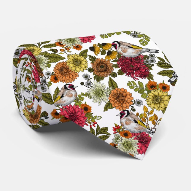 Goldfinches and flowers neck tie (Rolled)