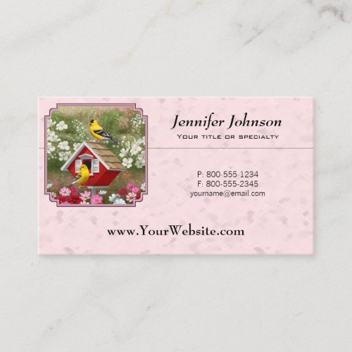 Goldfinches and Red Birdhouse Pink Business Card