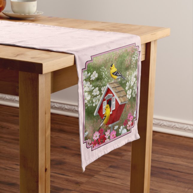 Goldfinches and Red Birdhouse Pink Medium Table Runner (In Situ)