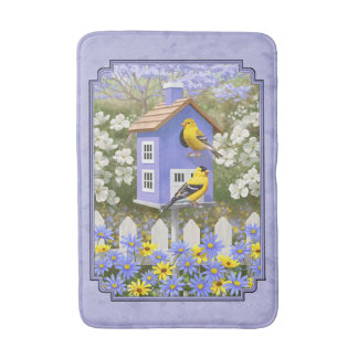 Goldfinches & Cute Birdhouse Lavender Bathroom Mat
