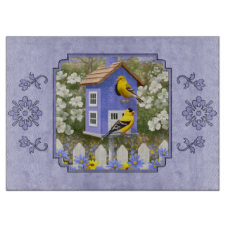 Goldfinches & Cute Birdhouse Lavender Cutting Board