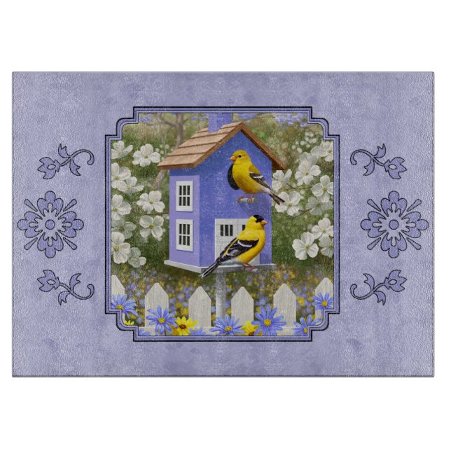 Goldfinches & Cute Birdhouse Lavender Cutting Board (Front)