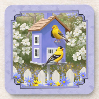 Goldfinches & Cute Birdhouse Lavender Drink Coaster