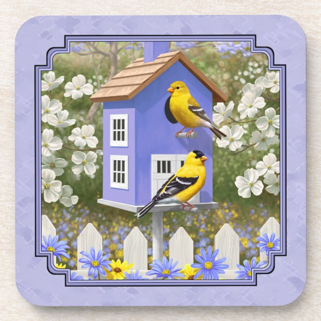 Goldfinches & Cute Birdhouse Lavender Drink Coaster (Front)