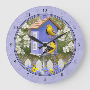 Goldfinches & Cute Birdhouse Lavender Large Clock