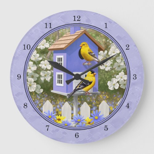 Goldfinches  Cute Birdhouse Lavender Large Clock