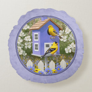 Goldfinches & Cute Birdhouse Lavender Round Pillow