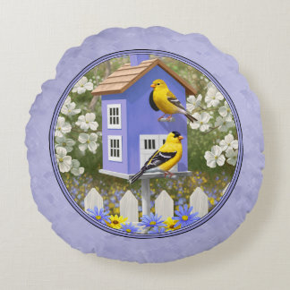Goldfinches & Cute Birdhouse Lavender Round Pillow